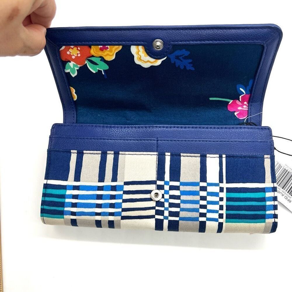 Vera Bradley RFID Audrey Faux Leather and Fabric Wallet Blue White Gray Plaid - Picture 5 of 12